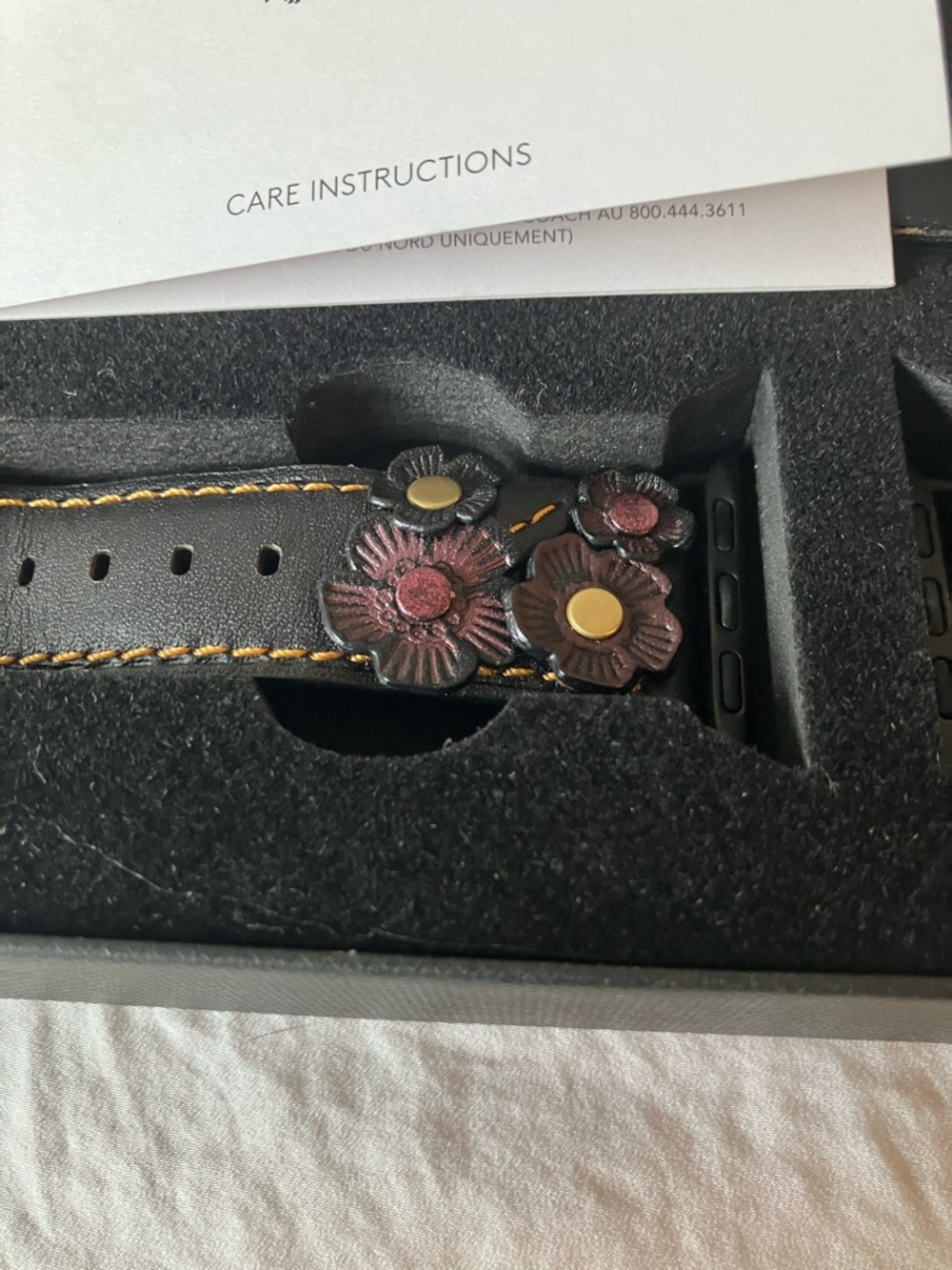 Coach: 2016 Black Leather Tea Rose Appliqué Apple Watch Band- 38mm-40mm- IOB - Picture 9 of 12